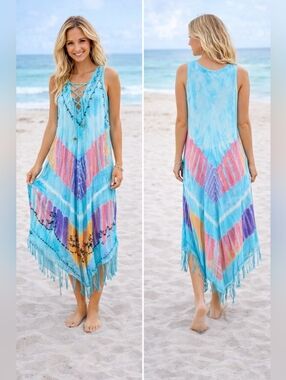 ingear resort tie dye cover up dress fringe hem lace up boho beach osfm